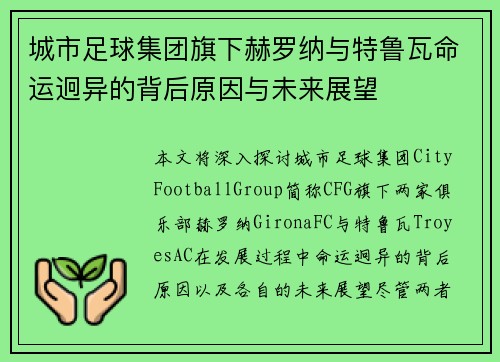 城市足球集团旗下赫罗纳与特鲁瓦命运迥异的背后原因与未来展望